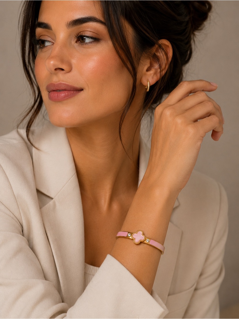 Gold Pink Clover Bangle Bracelet - Women Jewelry